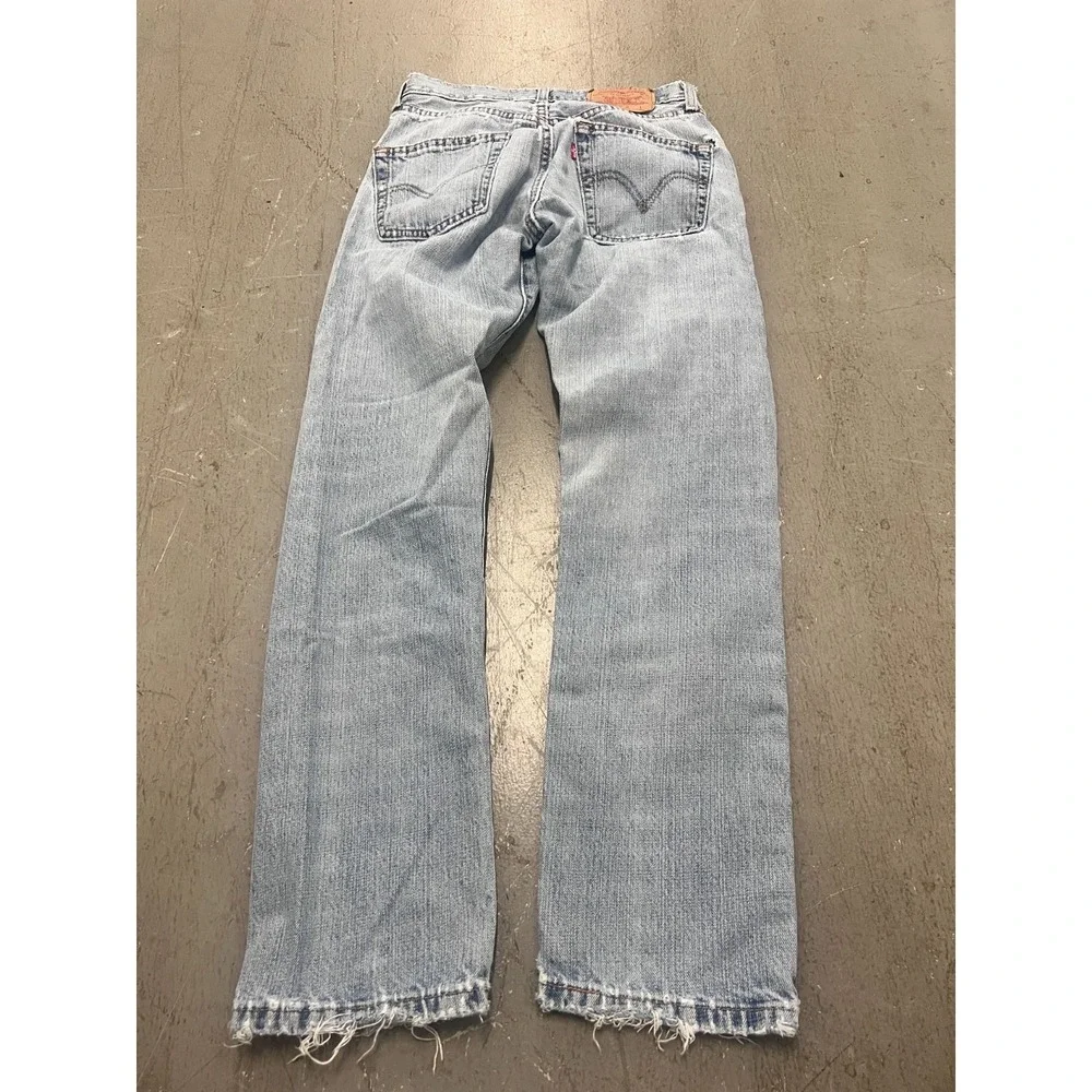 Levi's 501 Straight Jeans Mens 27W Blue Denim Light Wash Button Fly Distressed - Picture 2 of 8